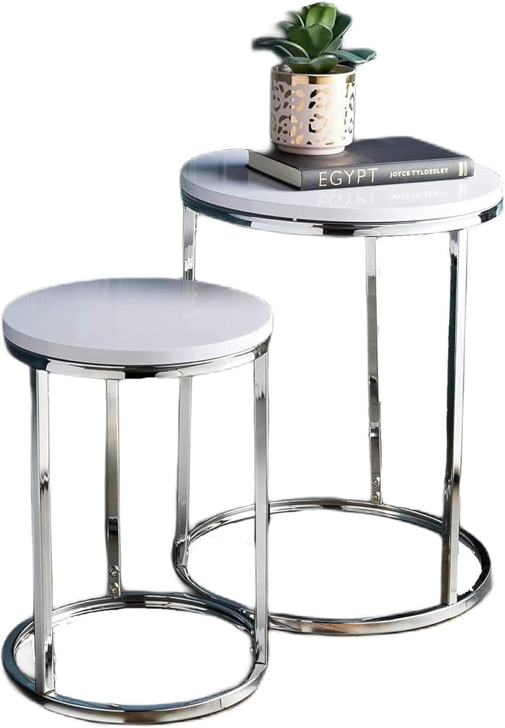 Space Saving White Nesting Side End Tables Set of 2 Chrome Legs Living Room