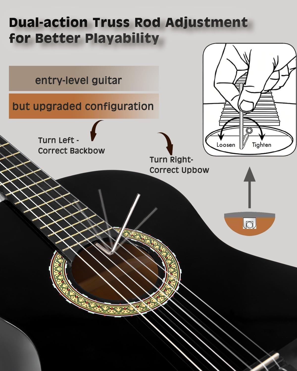 39in 4/4 Classical Guitar Nylon String Black Starter Kit