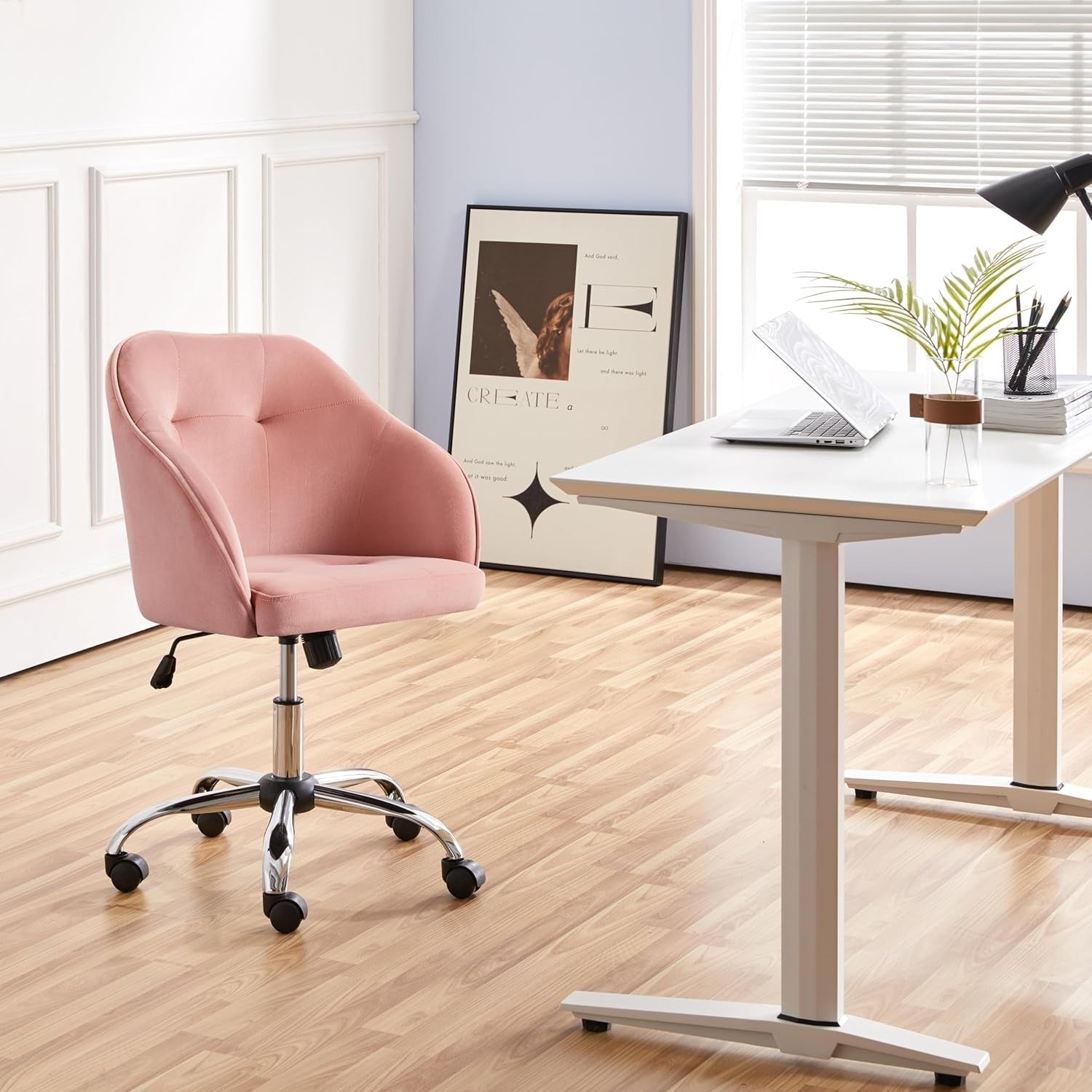 Pink Velvet Desk Chair Home Office Swivel Adjustable Height Back Support