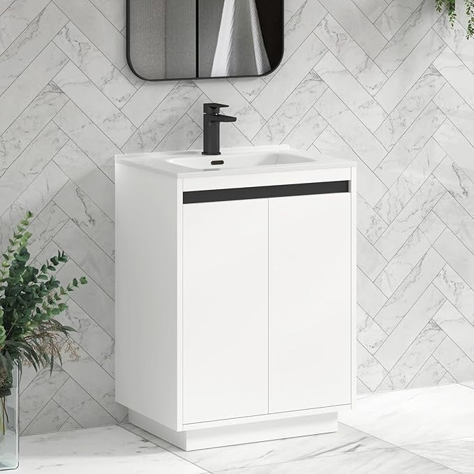 600mm Matte White Floor Standing Vanity Unit with Basin Sink 2 Door Cabinet