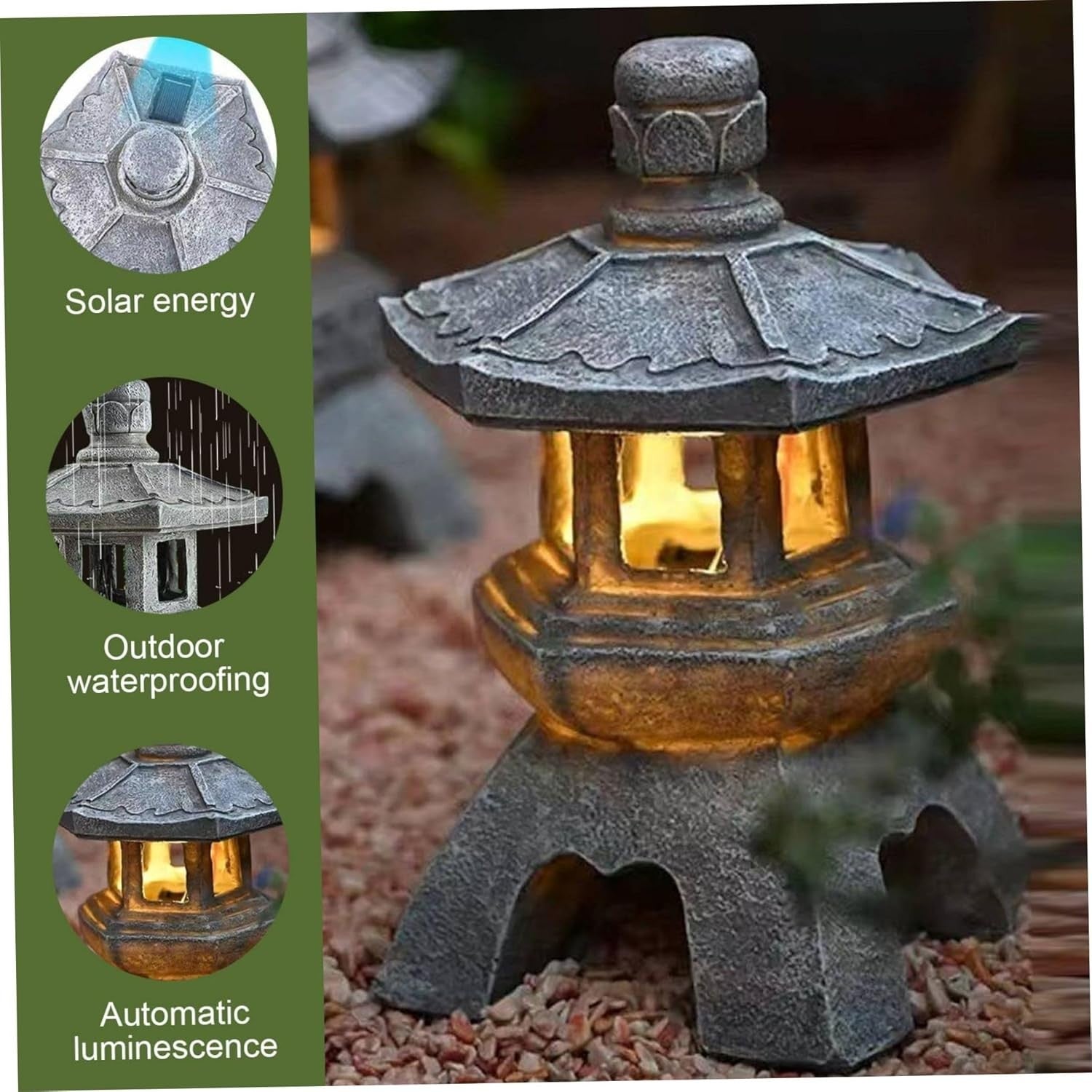 Solar Japanese Pagoda Lantern, 10.4" Resin Zen Garden Statue with LED Light