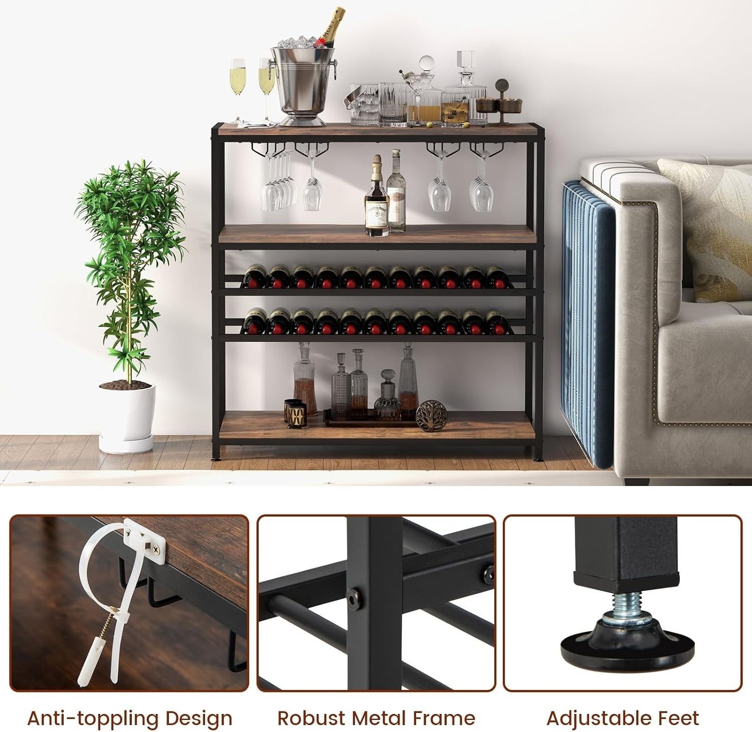 5-Tier Wine Rack Table with Glass Holder, Rustic Bar Shelf Storage Unit