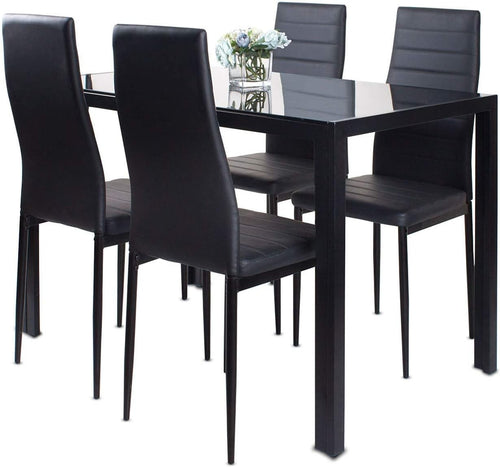 Modern Black Glass Dining Table Set with 4 High Back Chairs - Durable & Stylish
