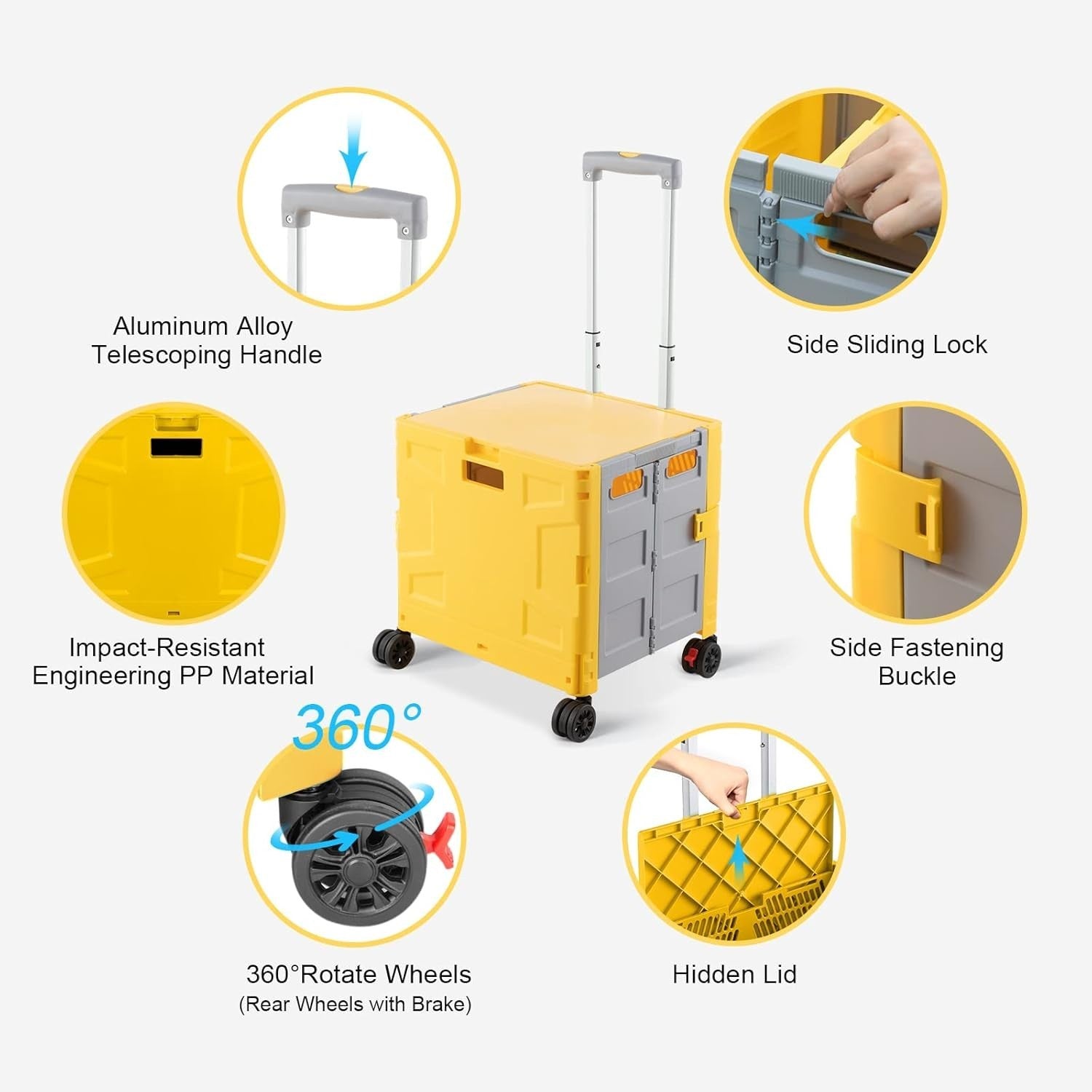 Foldable Grocery Trolley Cart 50Kg Portable Storage Box w/ Lid Yellow
