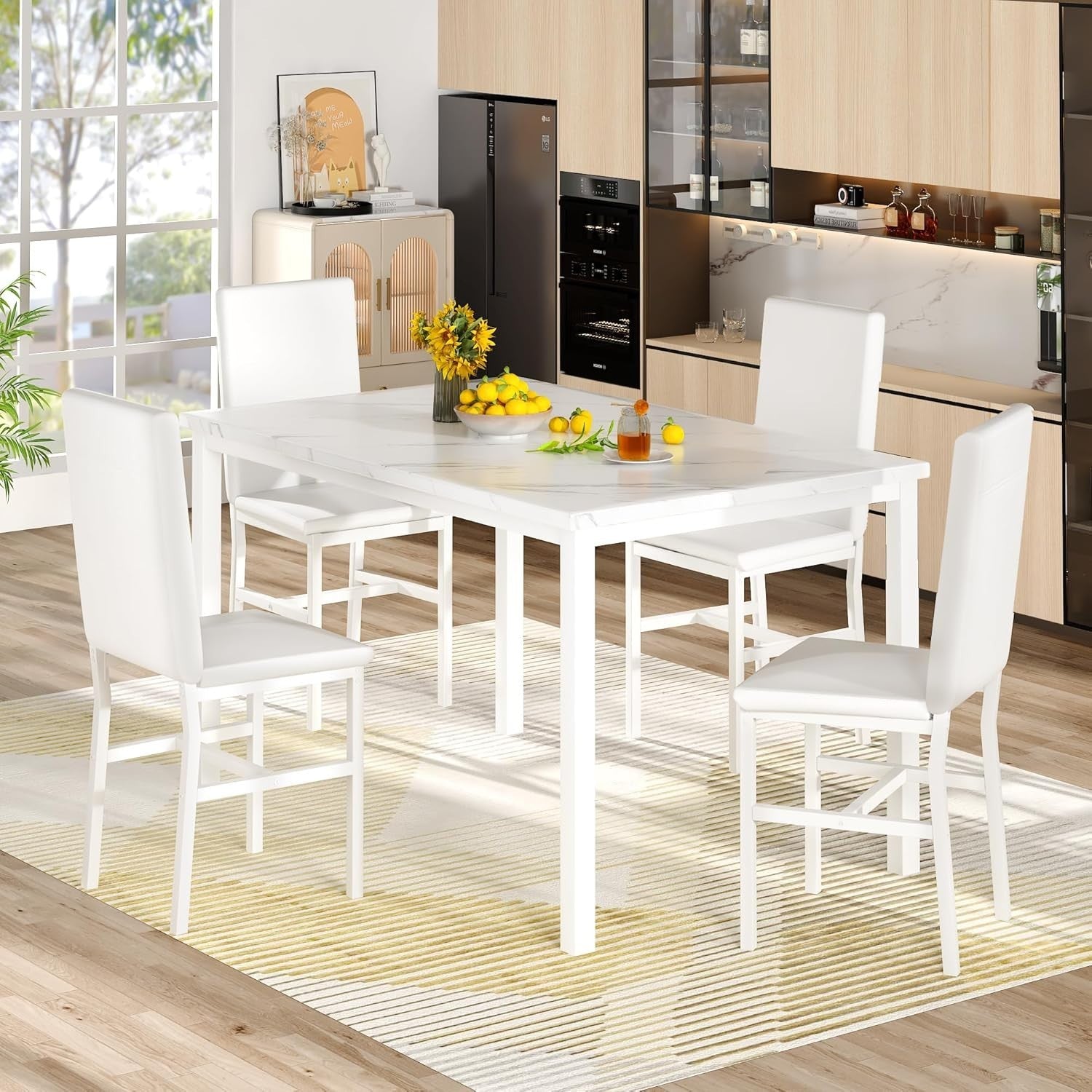 Modern Faux Marble Dining Table Set with 4 PU Leather Chairs - Compact & Stylish