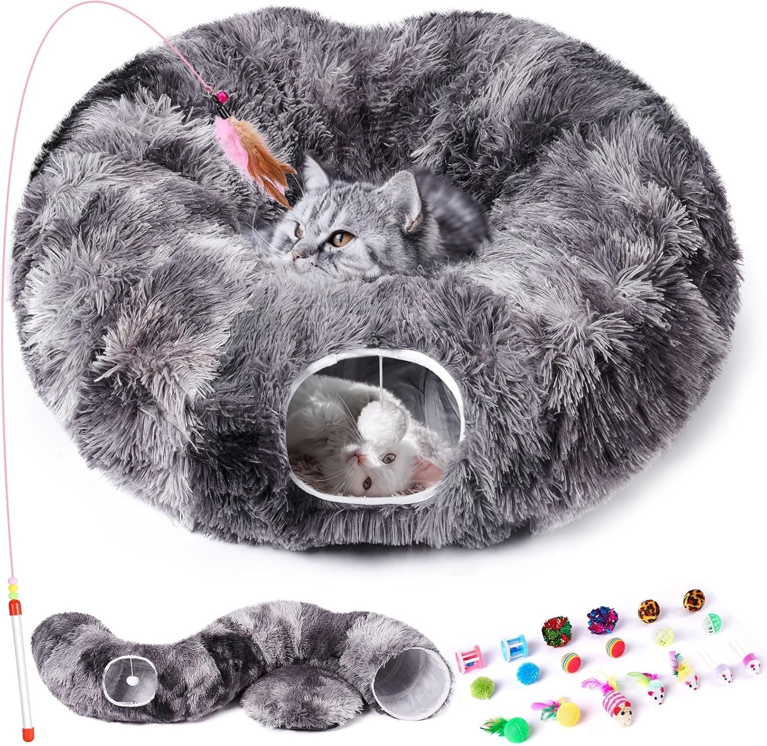 Cat Tunnel Bed Donut Cat Toy Foldable Tunnel w Washable Cushion