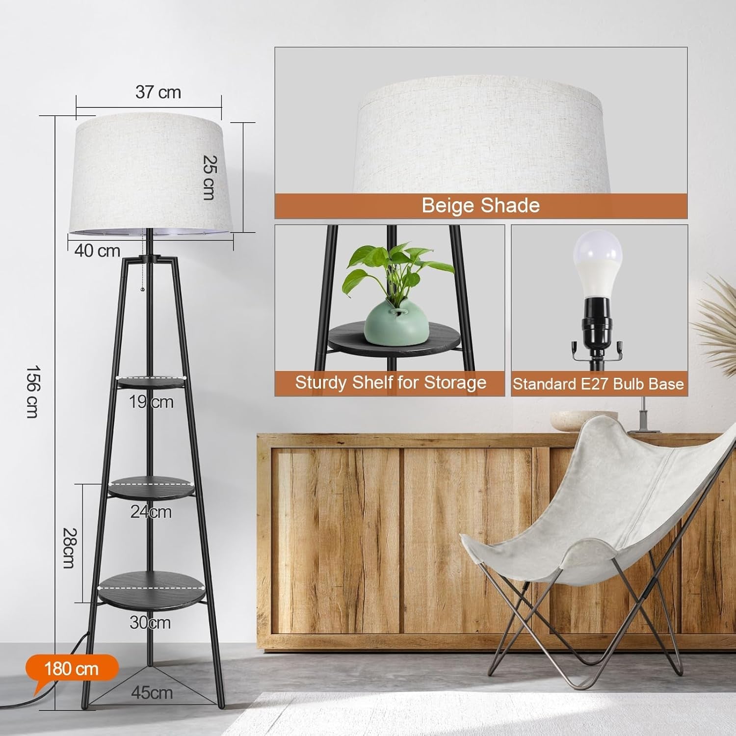 Tripod Floor Lamp with Shelves Remote Dimmable 4 Color Temps Timer Black