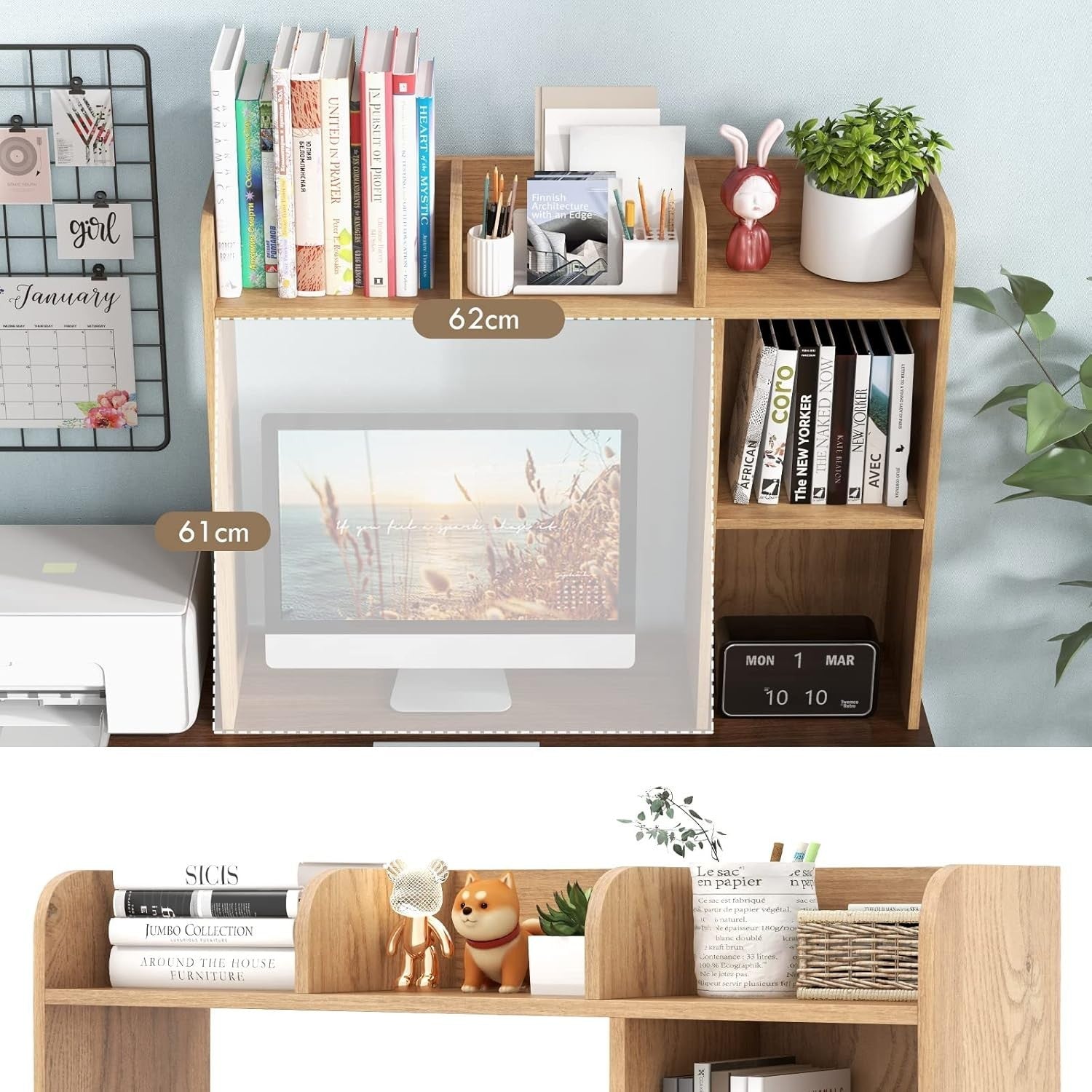 Natural Wood 4-Tier Desktop Bookshelf 94cm Desk Hutch Organiser