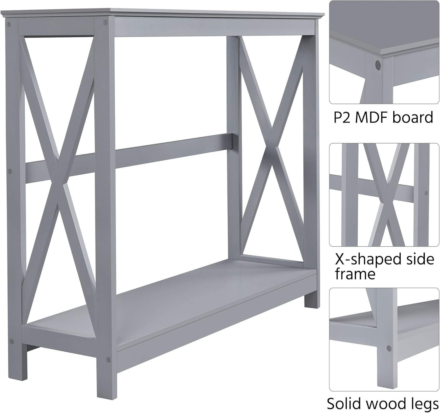 Slim 2-Tier Grey Console Table with X-Frame for Hallway & Living Room