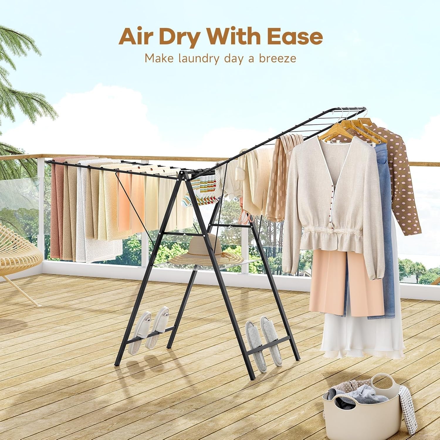 Large Foldable Clothes Drying Rack Adjustable Height Indoor Outdoor