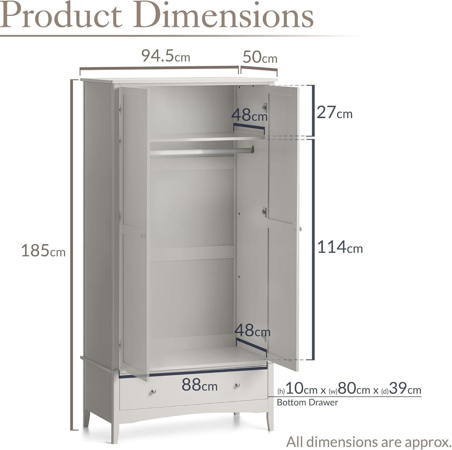 Natural Stone Double Wardrobe with Drawer | Soft Close Doors | Clothes Rail