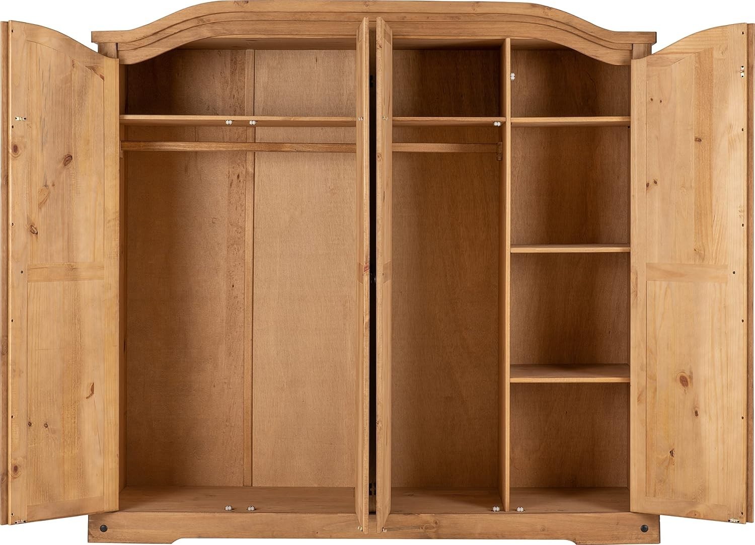 Spacious 4 Door Rustic Pine Wardrobe with Metal Handles & Hinged Doors