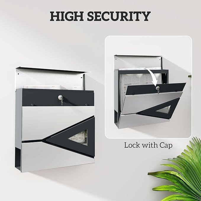 Wall Mounted Lockable Mailbox Silver | Weatherproof Steel Post Box w/ Window