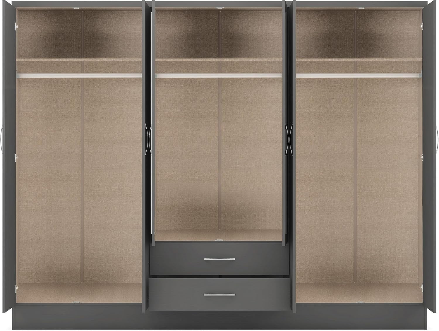 Modern 6-Door Grey Wardrobe with 2 Drawers & Mirror | Spacious, Durable Storage