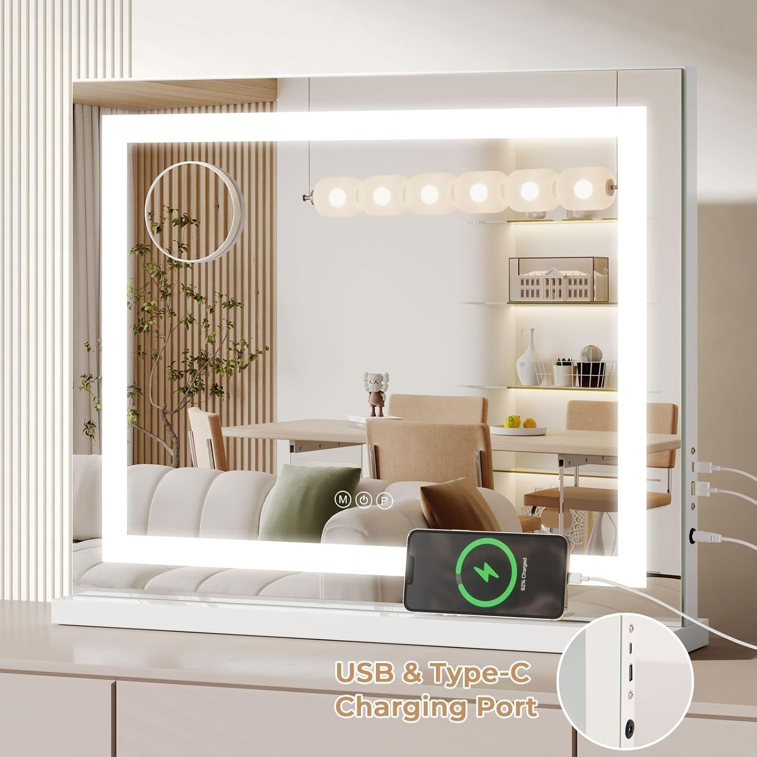 LED Vanity Mirror 58x48cm with Lights USB Tabletop Wall Mount Makeup