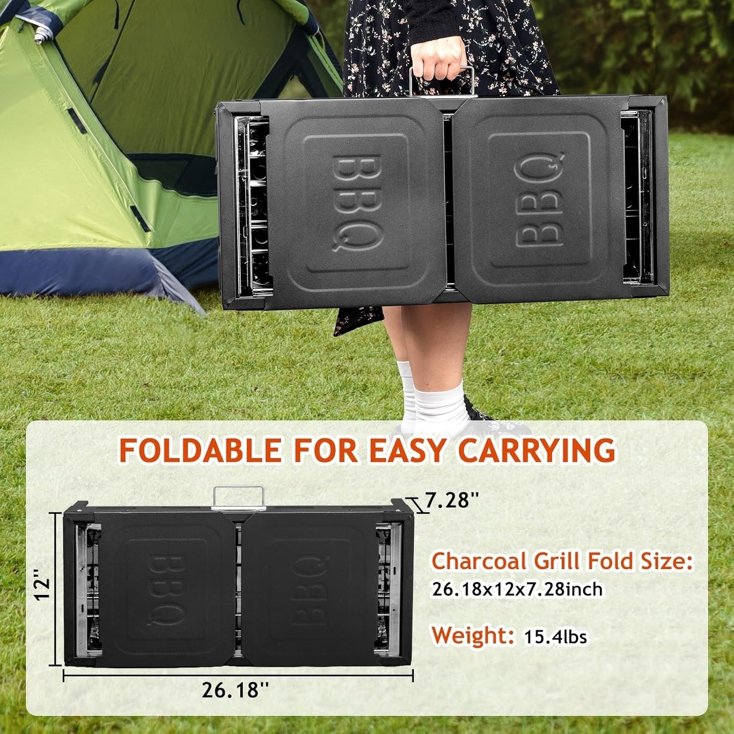 Portable Charcoal BBQ Grill with Height Adjustment, Kebab Slots & Carry Bag