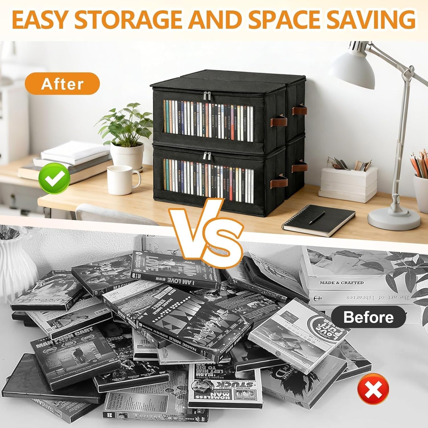 4 Pack DVD Storage Boxes with Zipper Lids Stackable Holds 200 DVDs