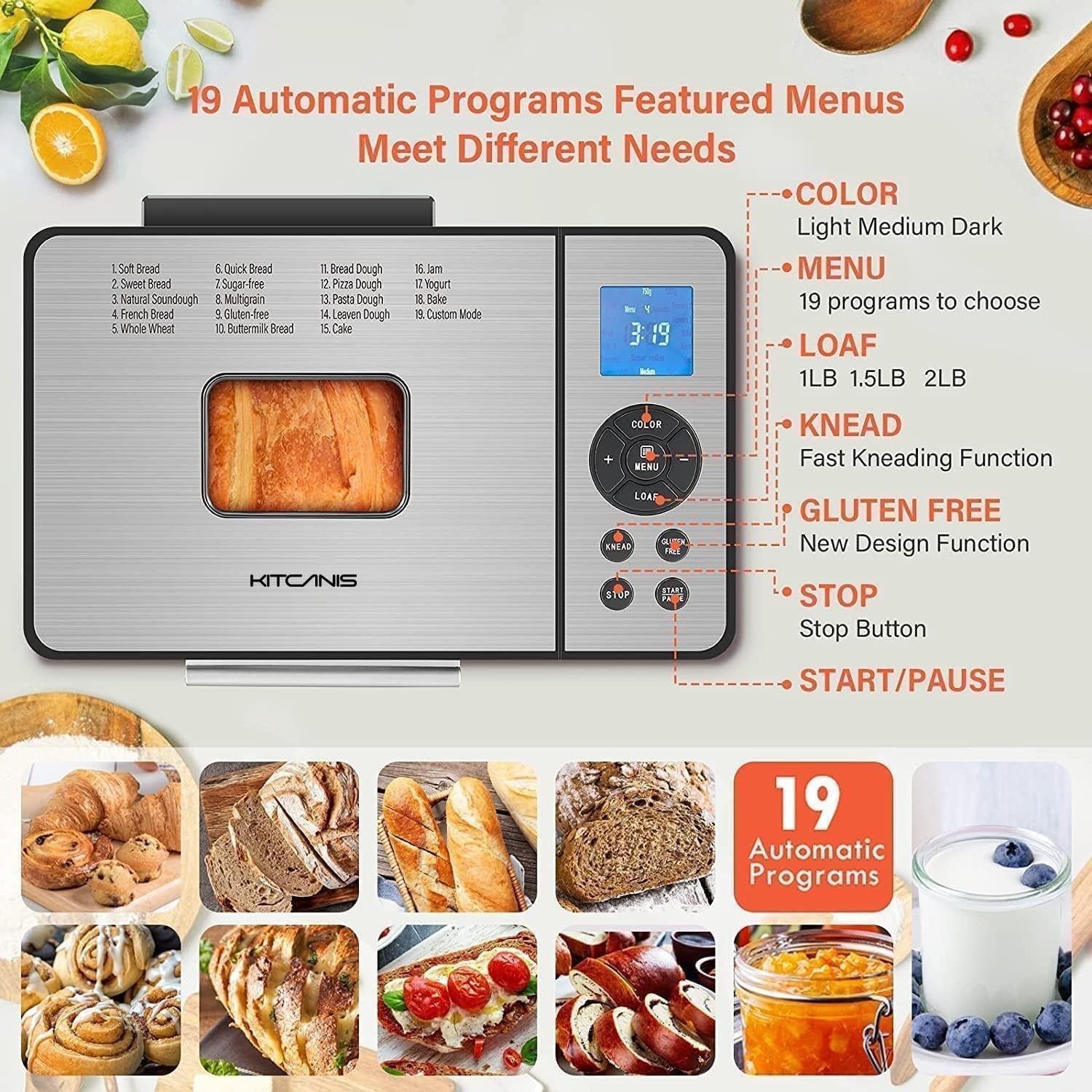 Bread Maker Machine 19 Programs 2.2LB Extra Large Sourdough Stainless Steel