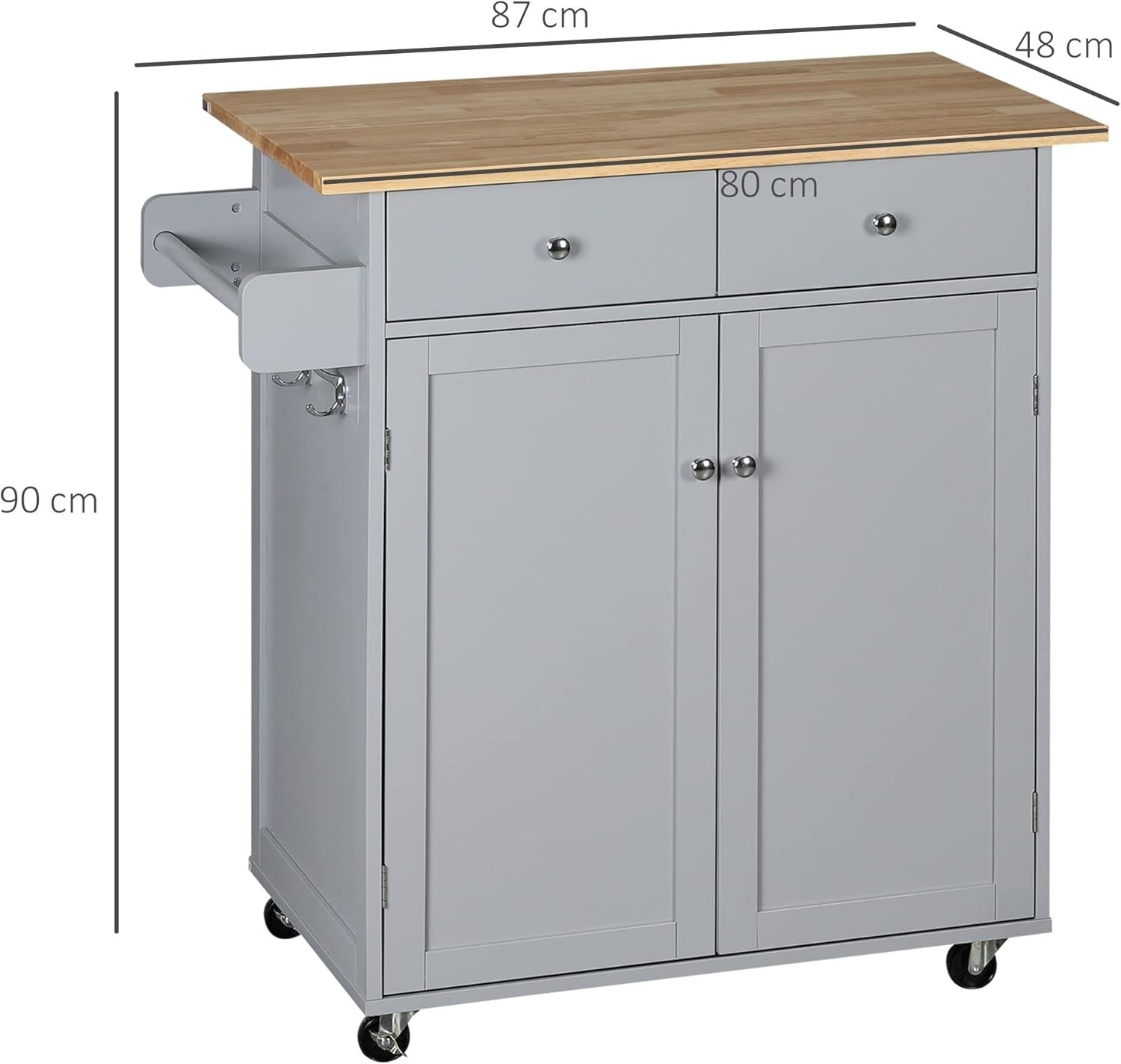 Rolling Kitchen Island Cart with Drawers, Rubber Wood Top & Hooks, 48x87x90cm