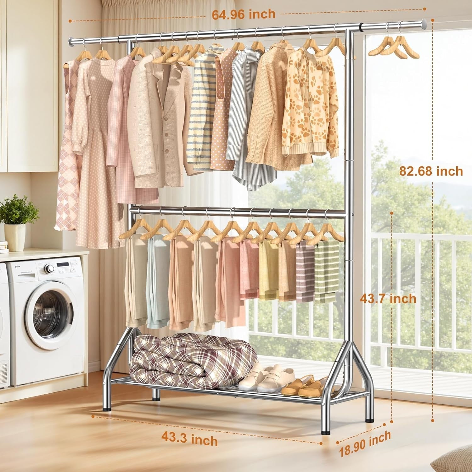 280KG Heavy Duty Double Clothes Rail with Shelves – Silver