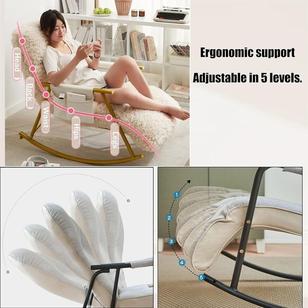 Modern Glider Rocking Chair with Teddy Upholstery & Side Pocket, Golden Legs