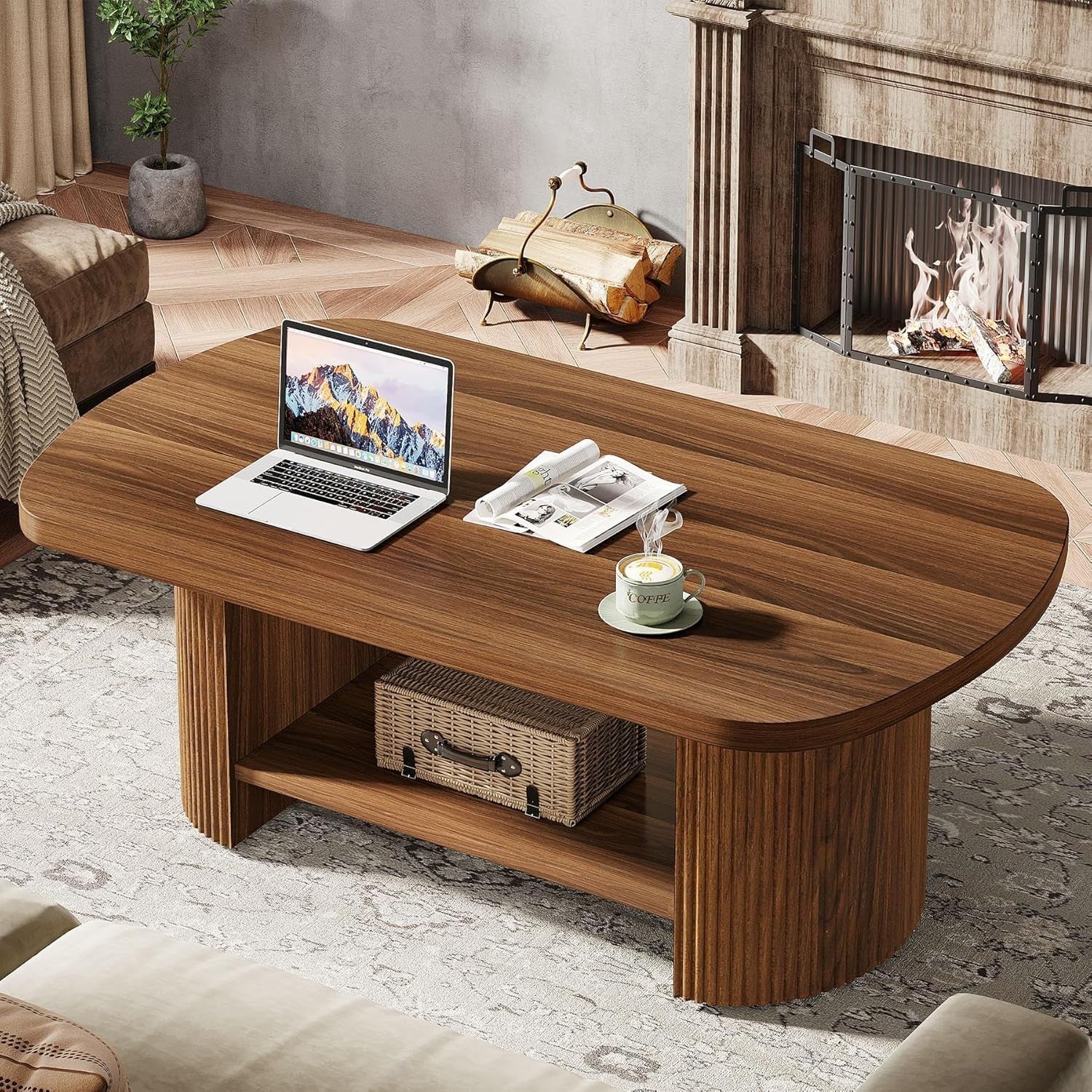Oval 2-Tier Coffee Table with Storage Shelf, Mid-Century Rustic Brown 115cm