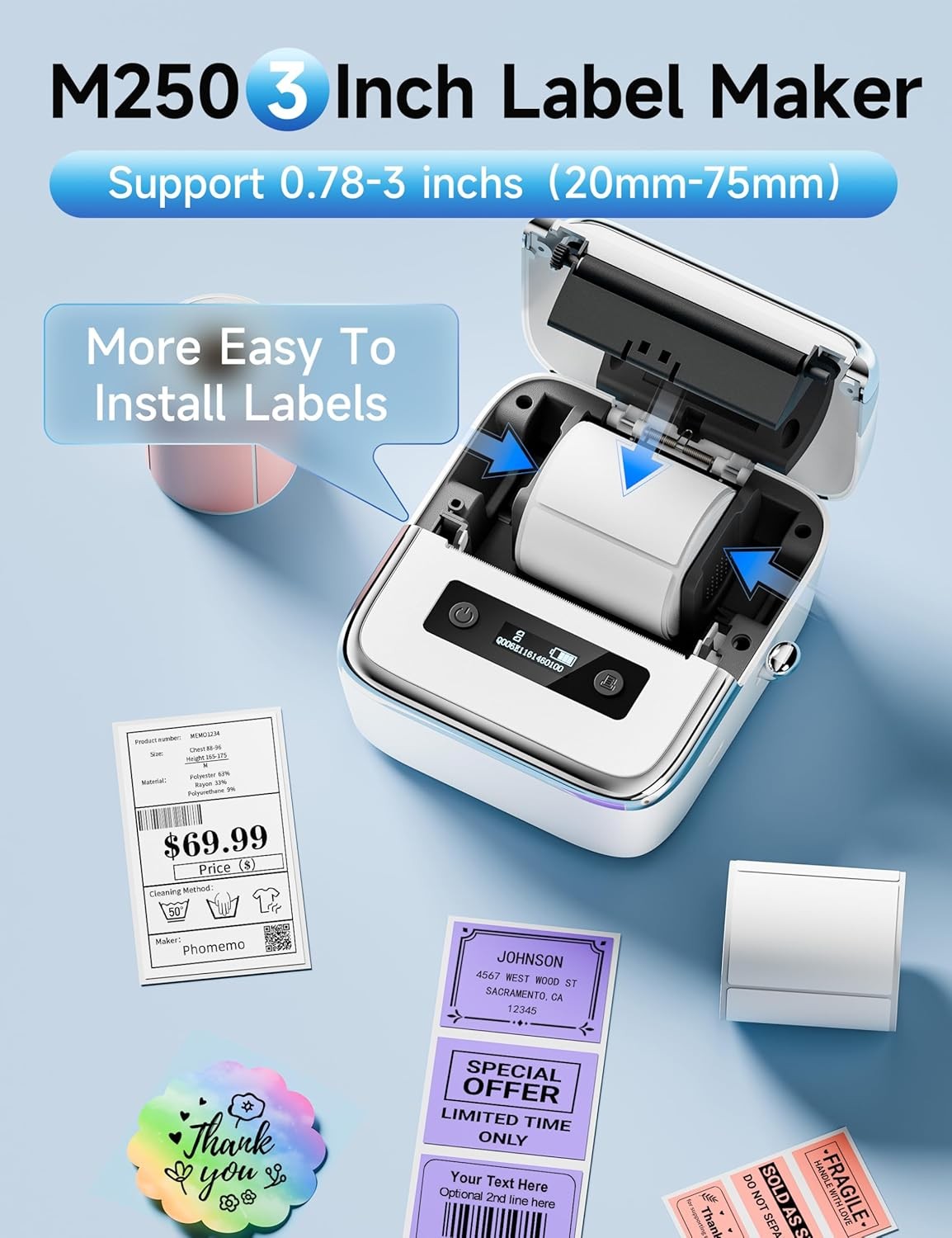 3 Inch Thermal Label Printer Bluetooth Barcode Address