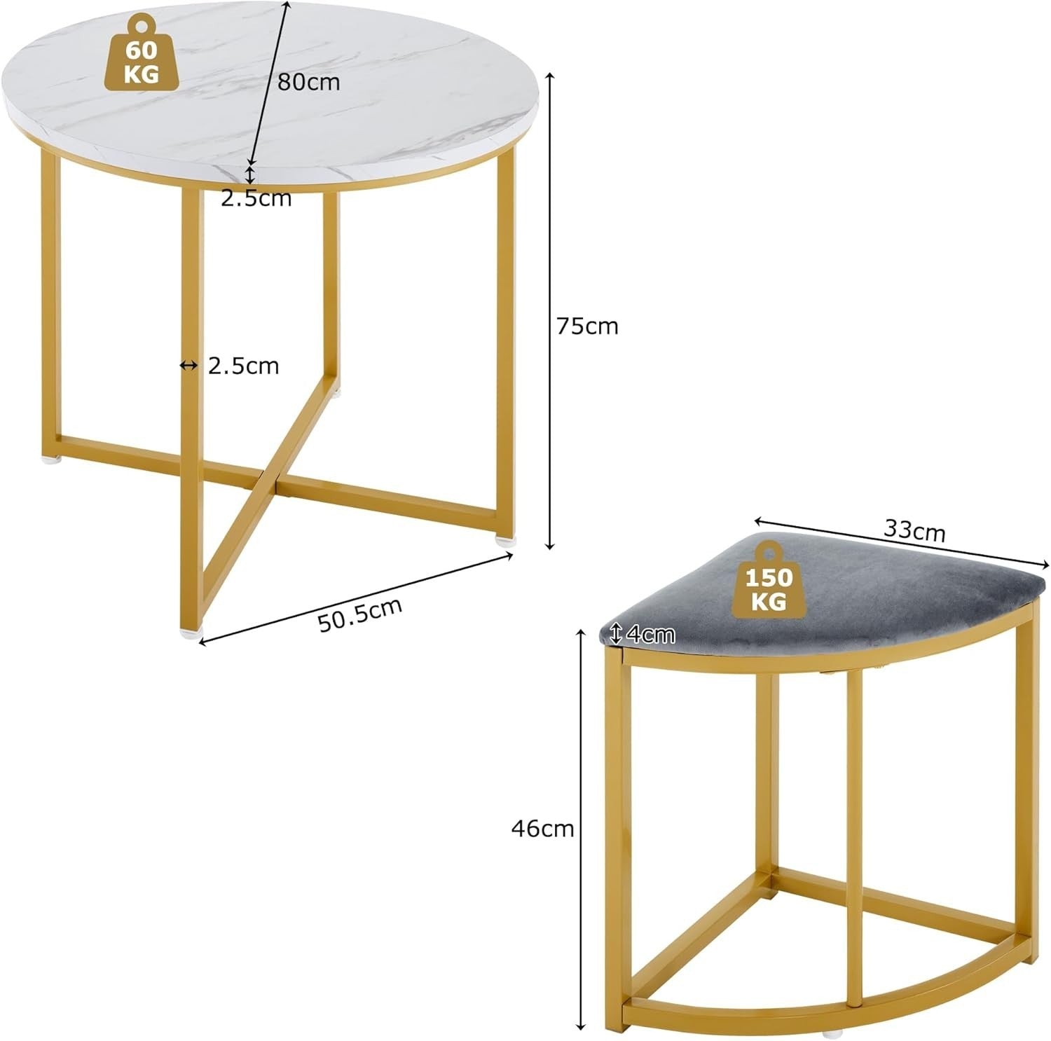 Round Marble Dining Table Set 4 Semi-Circular Stools Space-Saving Chairs