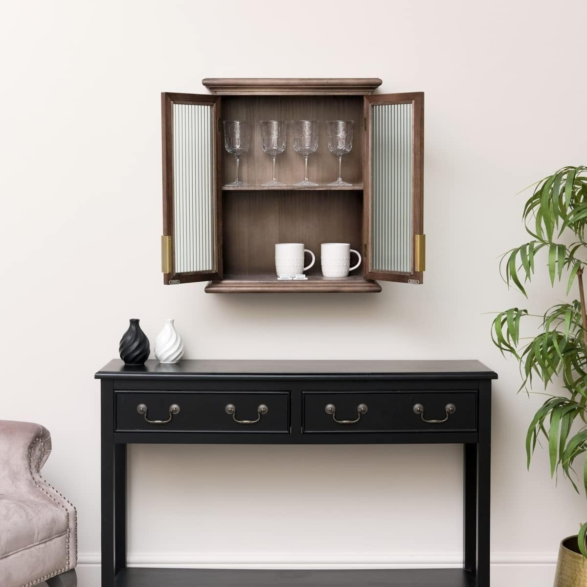 Rustic Wooden Glass Wall Cabinet with Reeded Doors & Gold Handles - 50x61x19cm