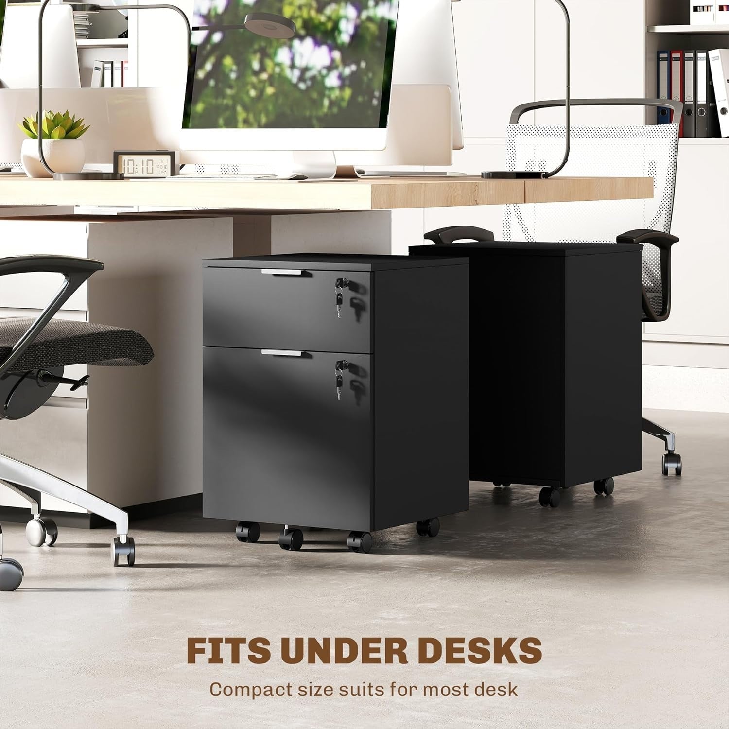 Black Mobile File Cabinet 2 Drawer Lockable Under Desk A4 Letter