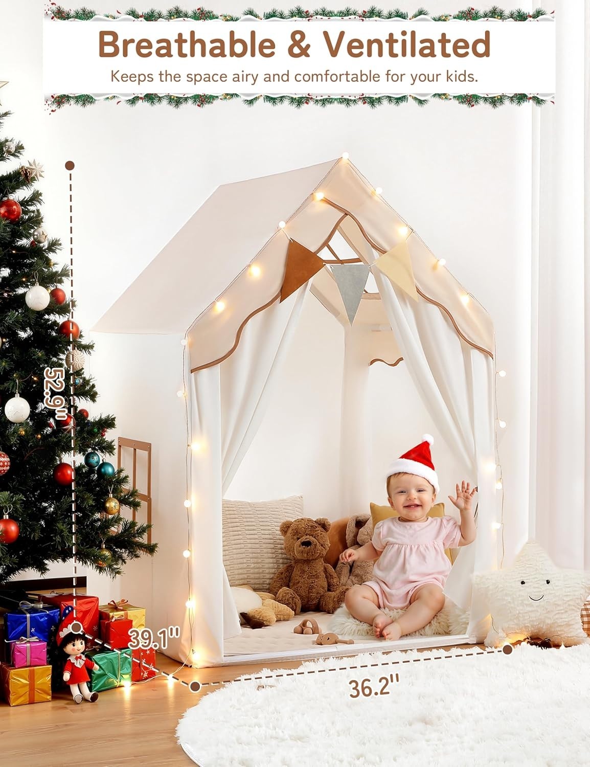 2 in 1 Kids Play Tent with Fence Large Indoor Playhouse Lights Mat