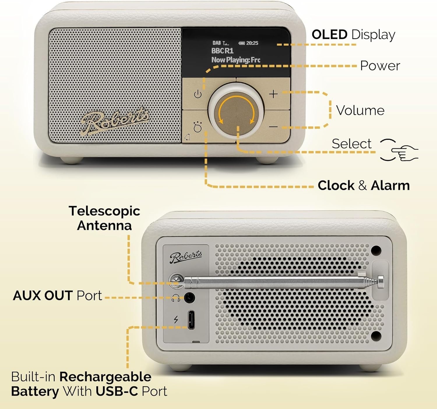 Portable FM DAB/DAB+ Digital Radio Bluetooth Speaker Pastel Cream