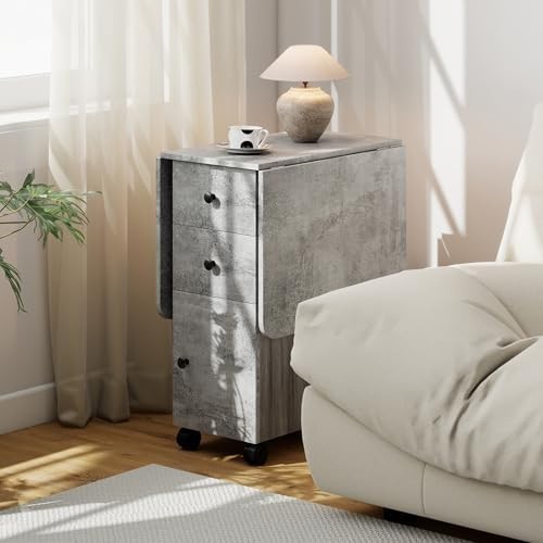 Folding Drop Leaf Dining Table on Wheels with Storage Drawers Cabinet Grey
