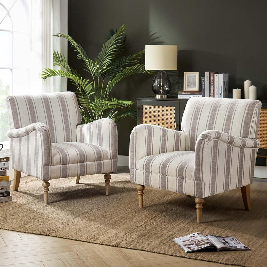 2x Striped Accent Armchairs Tan Upholstered Chairs for Lounge or Bedroom