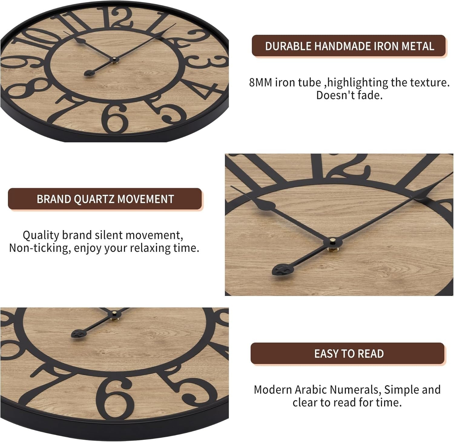 24" Rustic Silent Wall Clock Metal Wood Farmhouse Decor Large Modern