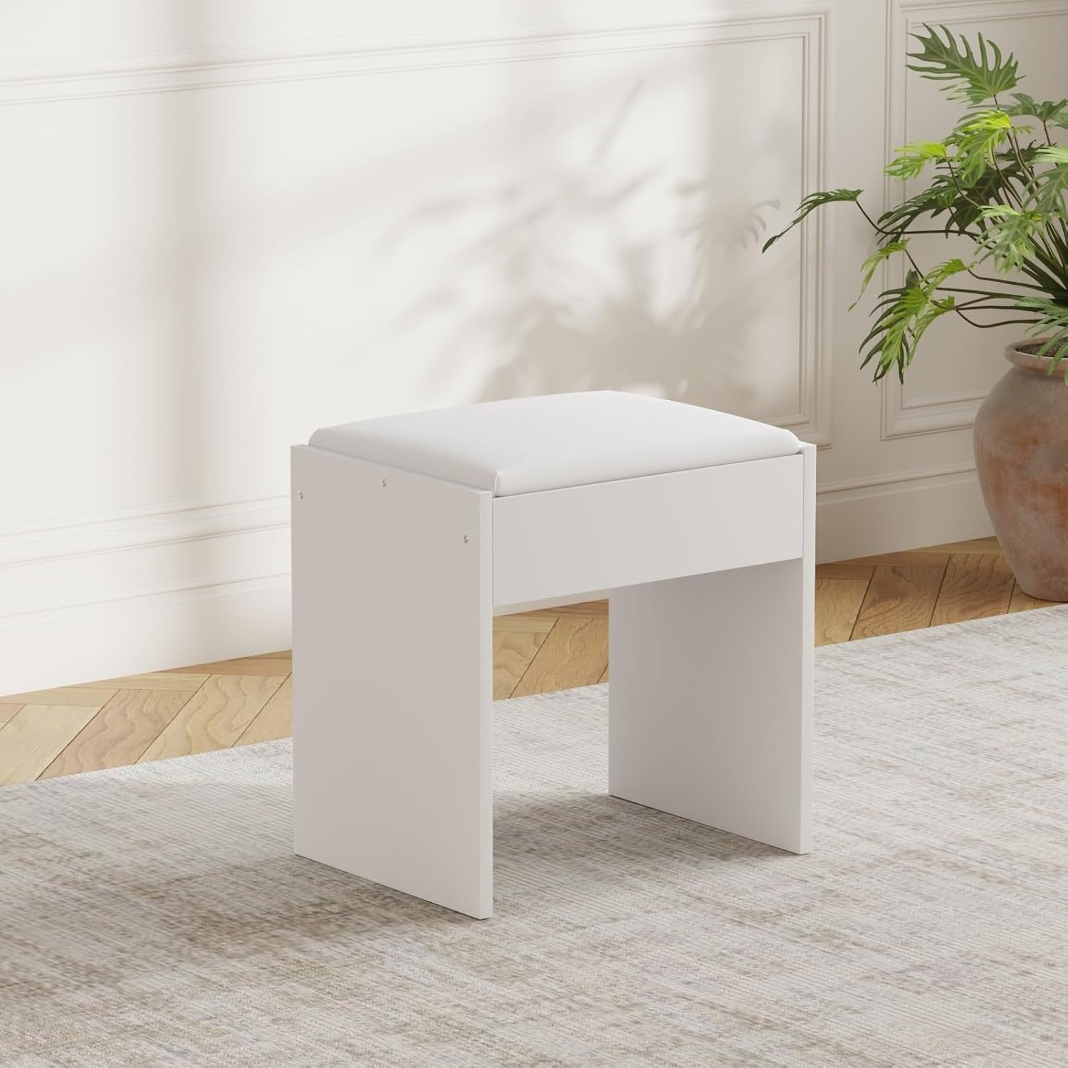 White Soft Padded Vanity Stool – Makeup Desk Chair Bench 40x30x40cm