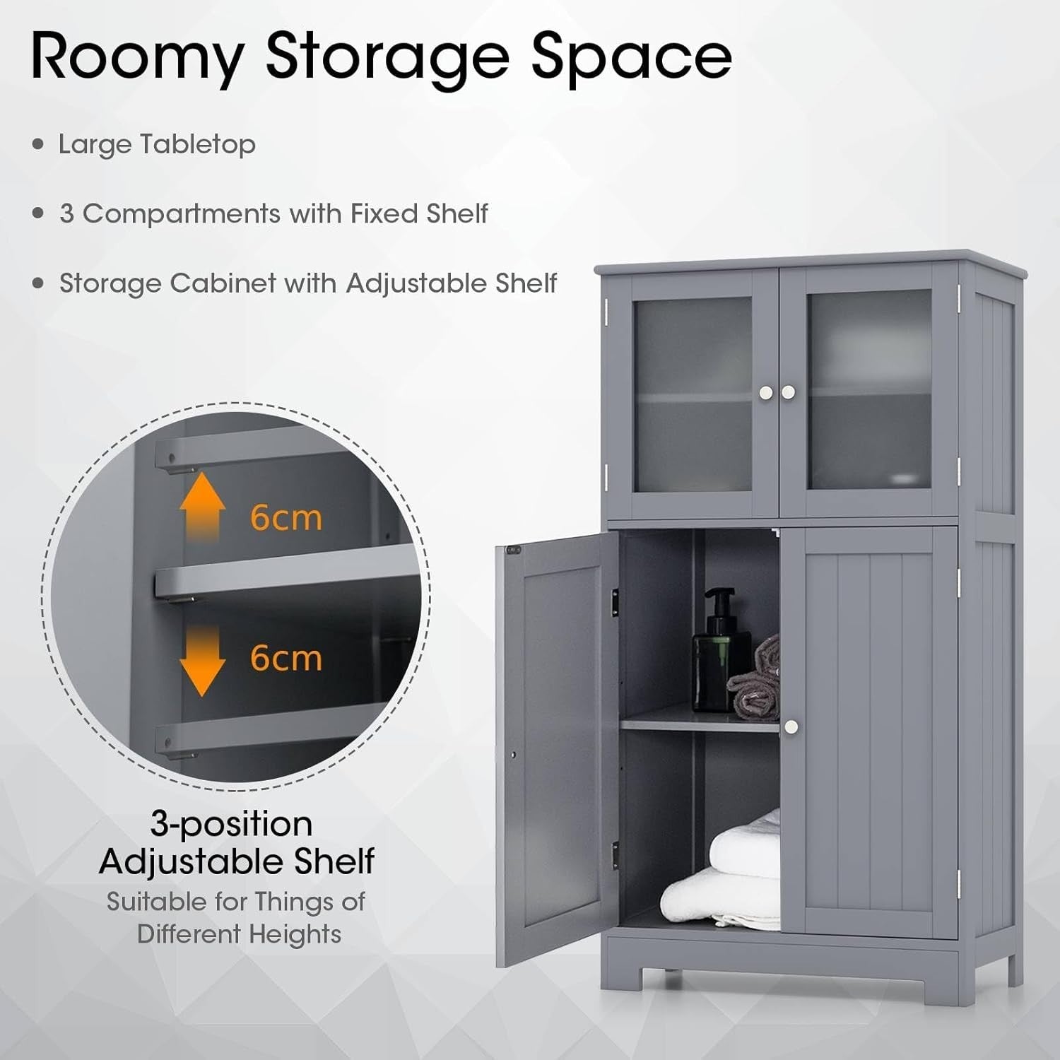 Freestanding Bathroom Floor Cabinet with Tempered Glass & Adjustable Shelves