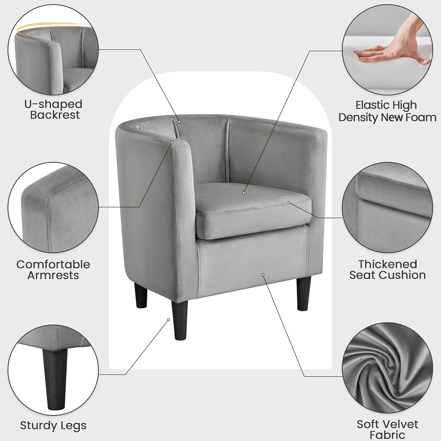 Grey Velvet Accent Tub Chair Armchair Lounge Seat Sofa Modern Home