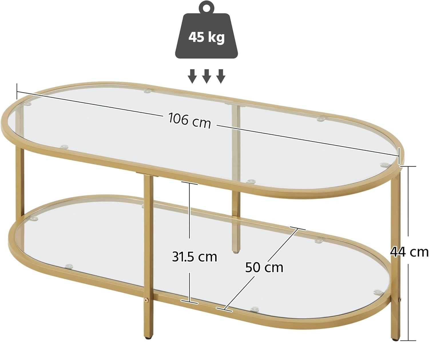 Modern Oval Glass Coffee Table 2-Tier Storage Metal Frame 106x50x44cm