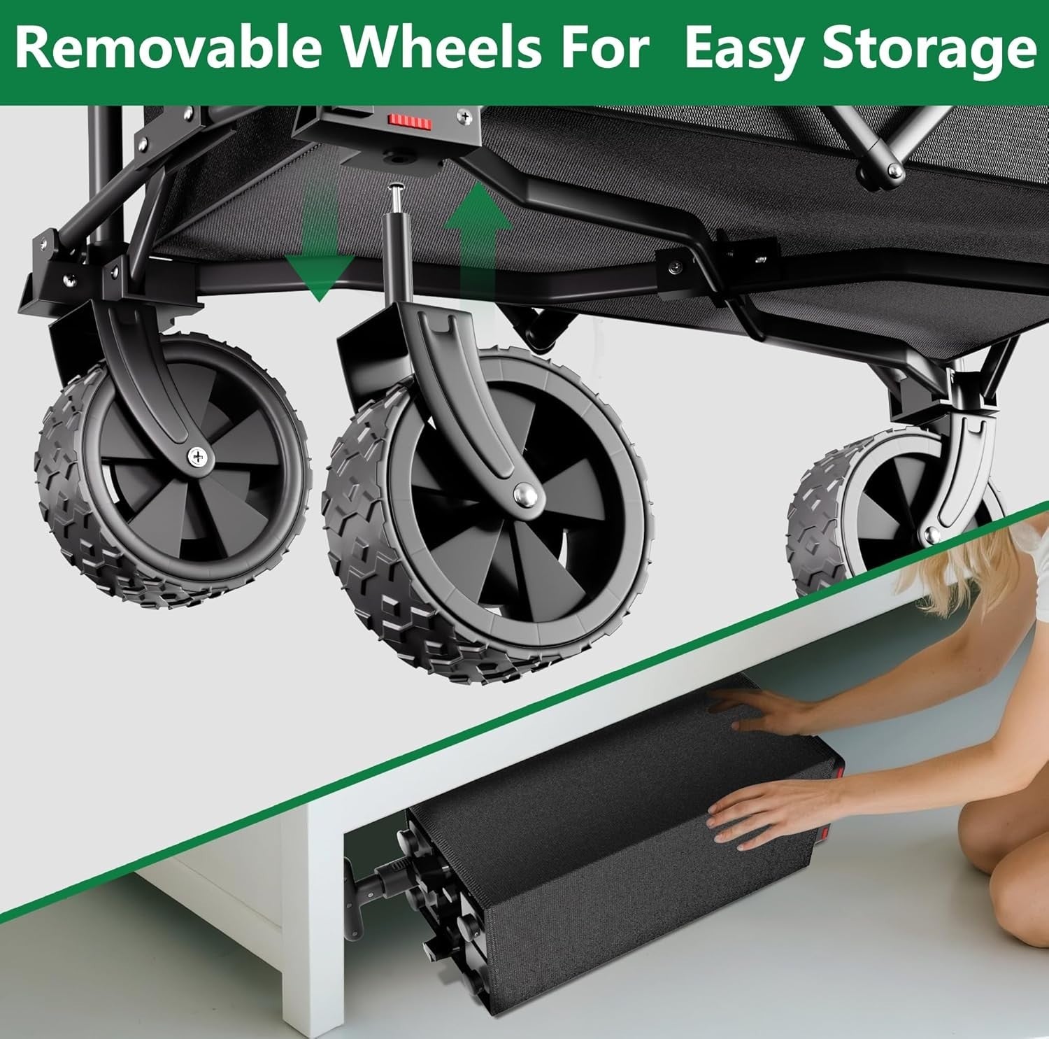 Dark Black Folding Wagon Cart Heavy Duty 360° Wheels Adjustable Handle 600D
