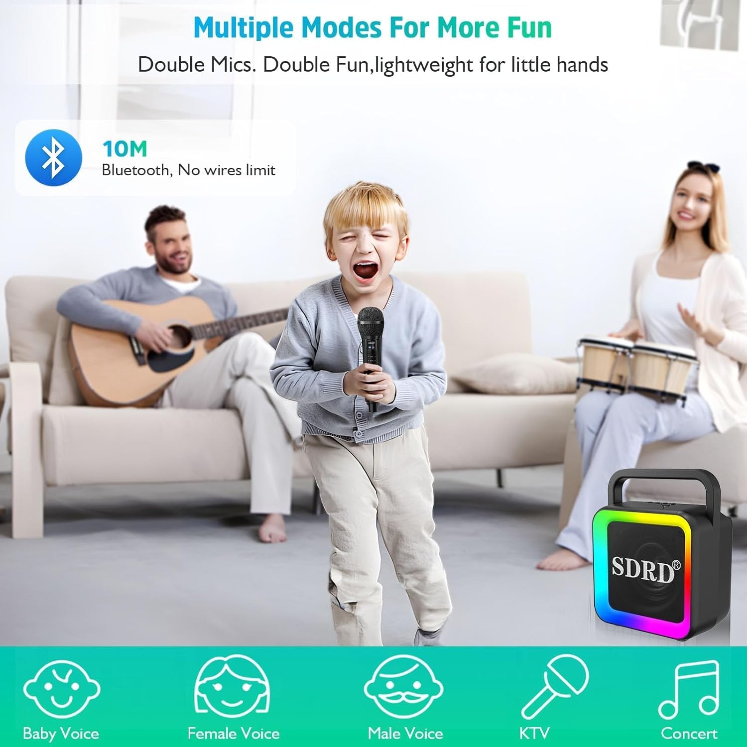 Portable Karaoke Machine 2 Wireless Mics Bluetooth LED PA Speaker