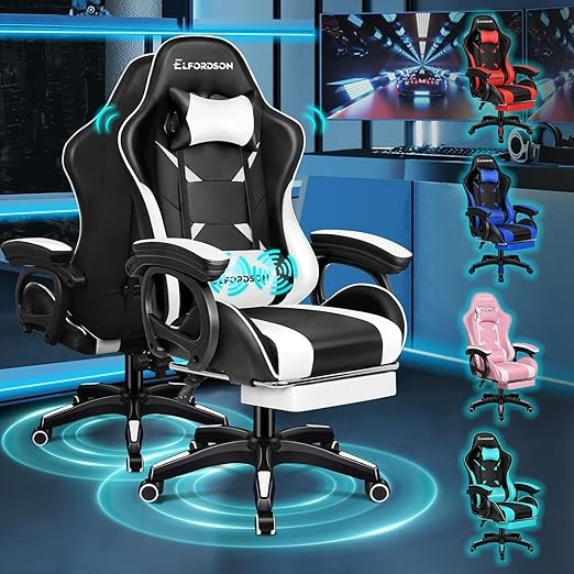 ELFORDSON Gaming Chair w/ 2-Point Massage Lumbar White
