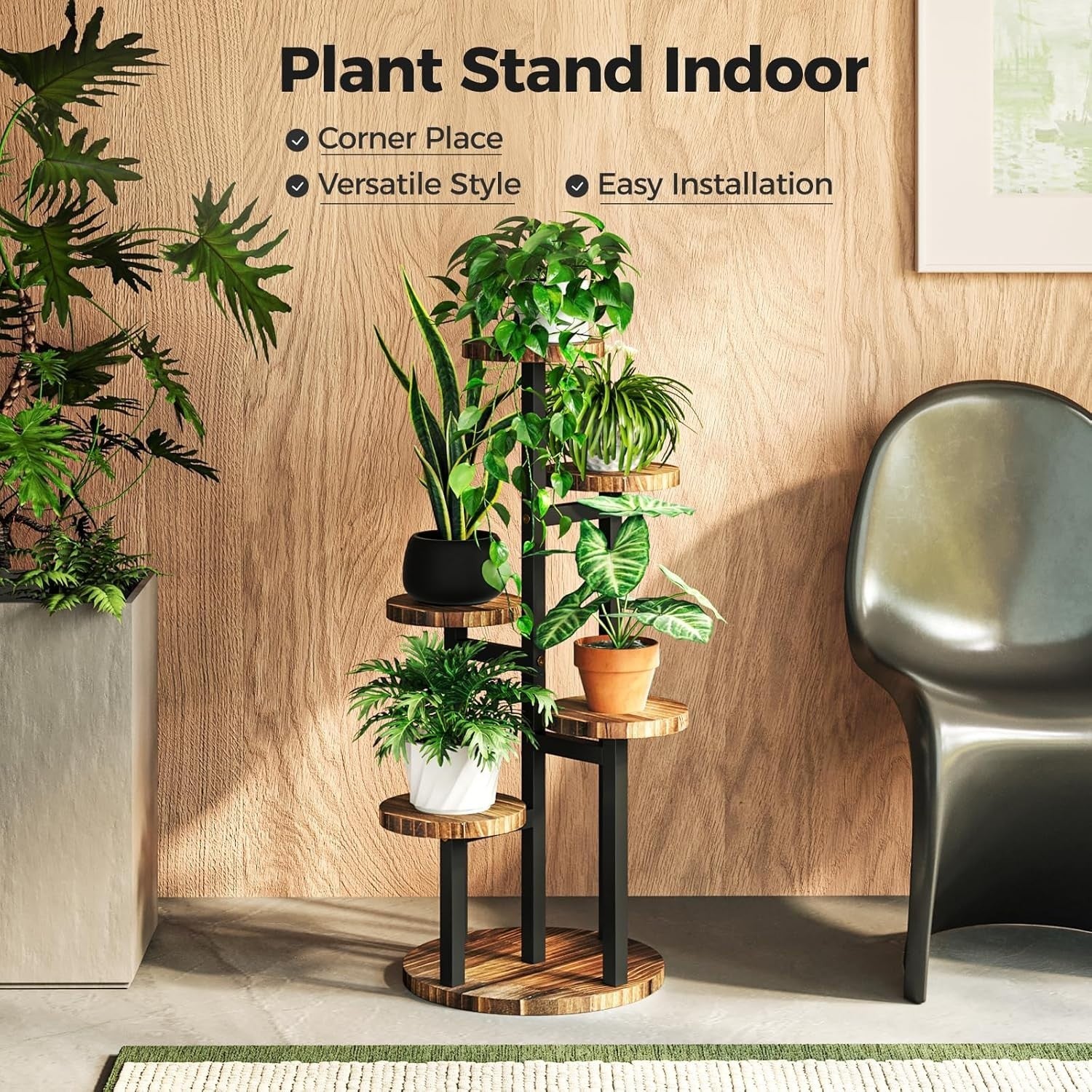 5-Tier Metal Wood Plant Stand, Corner Shelf for Indoor Outdoor Garden Decor
