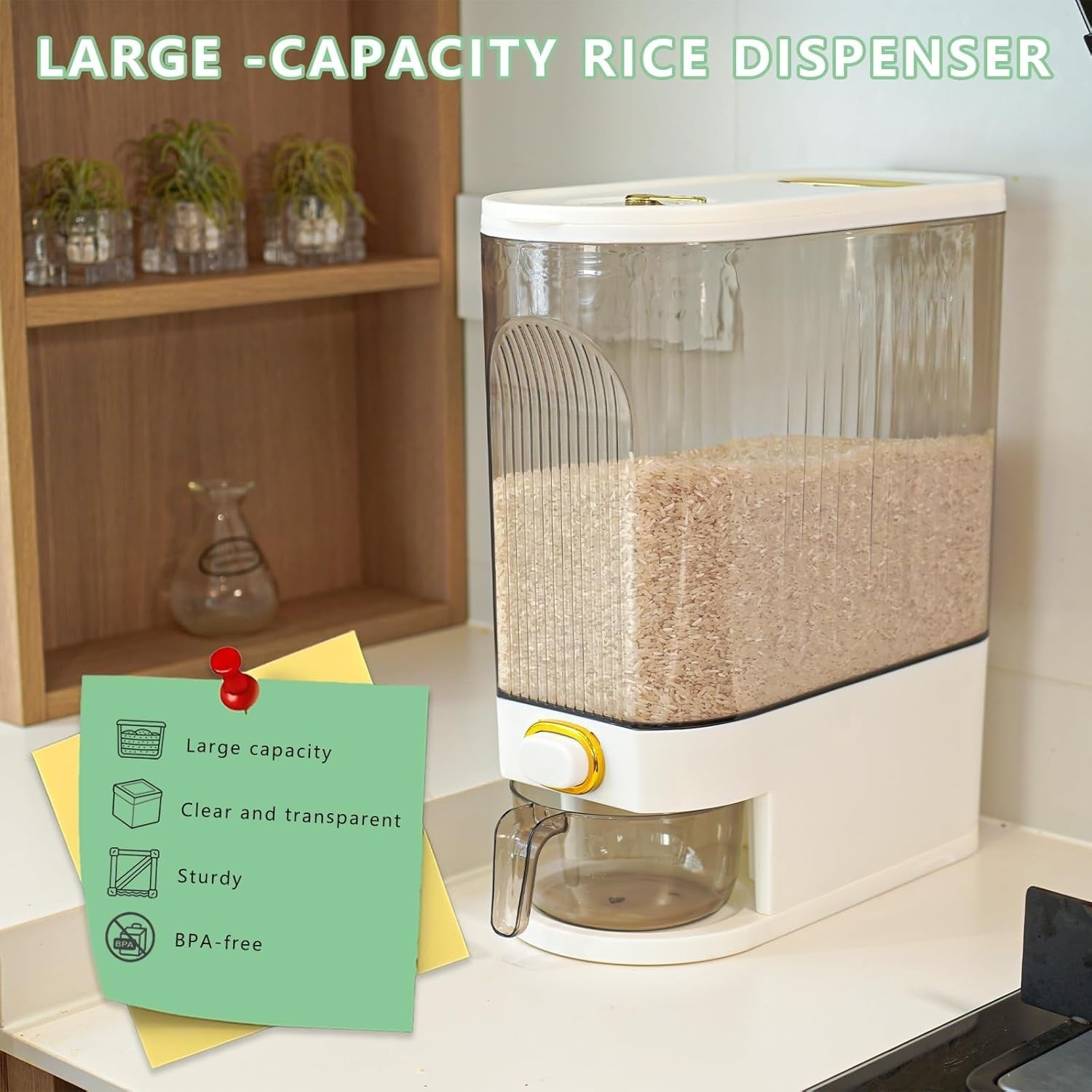 10KG Rice Storage Container Clear Grain Dispenser with Date Dial Cup