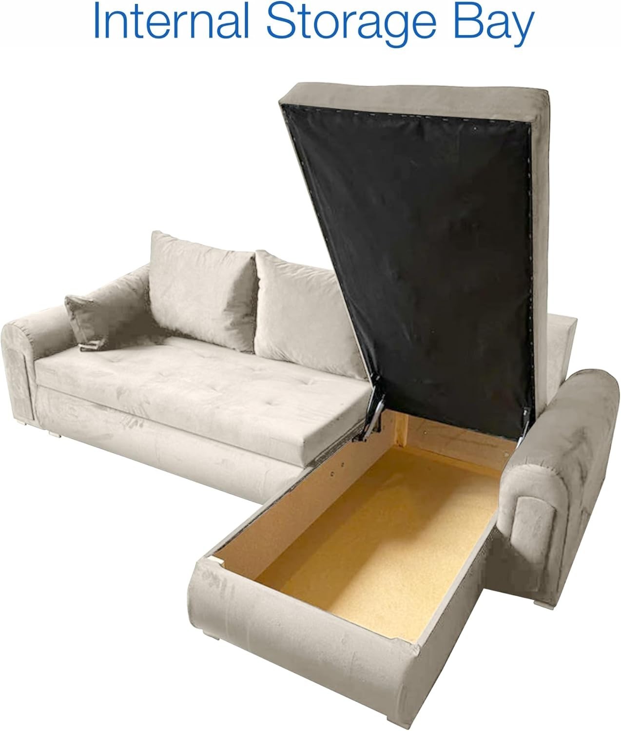 Cream L-Shape Sofa Bed w/ Pull-Out Sleeper & Storage Velvet 4 Seater Couch