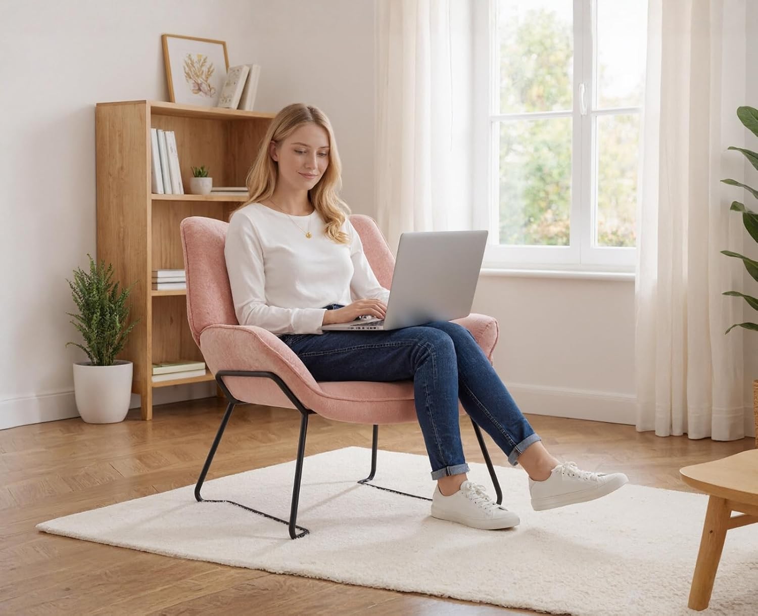 Pink Chenille Accent Tub Chair Metal Legs Modern Armchair