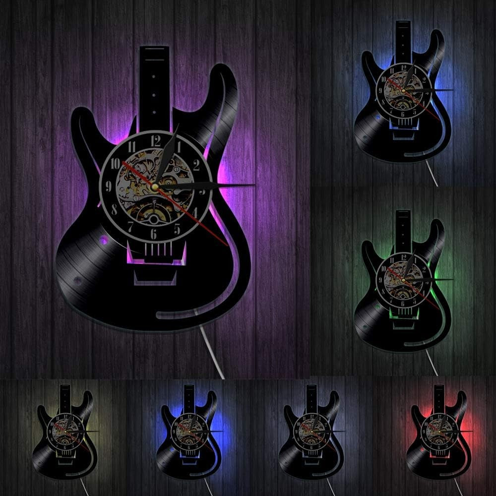 Guitar Vinyl Wall Clock with LED Light – 12" Music Note Decor for Bedroom & Stud