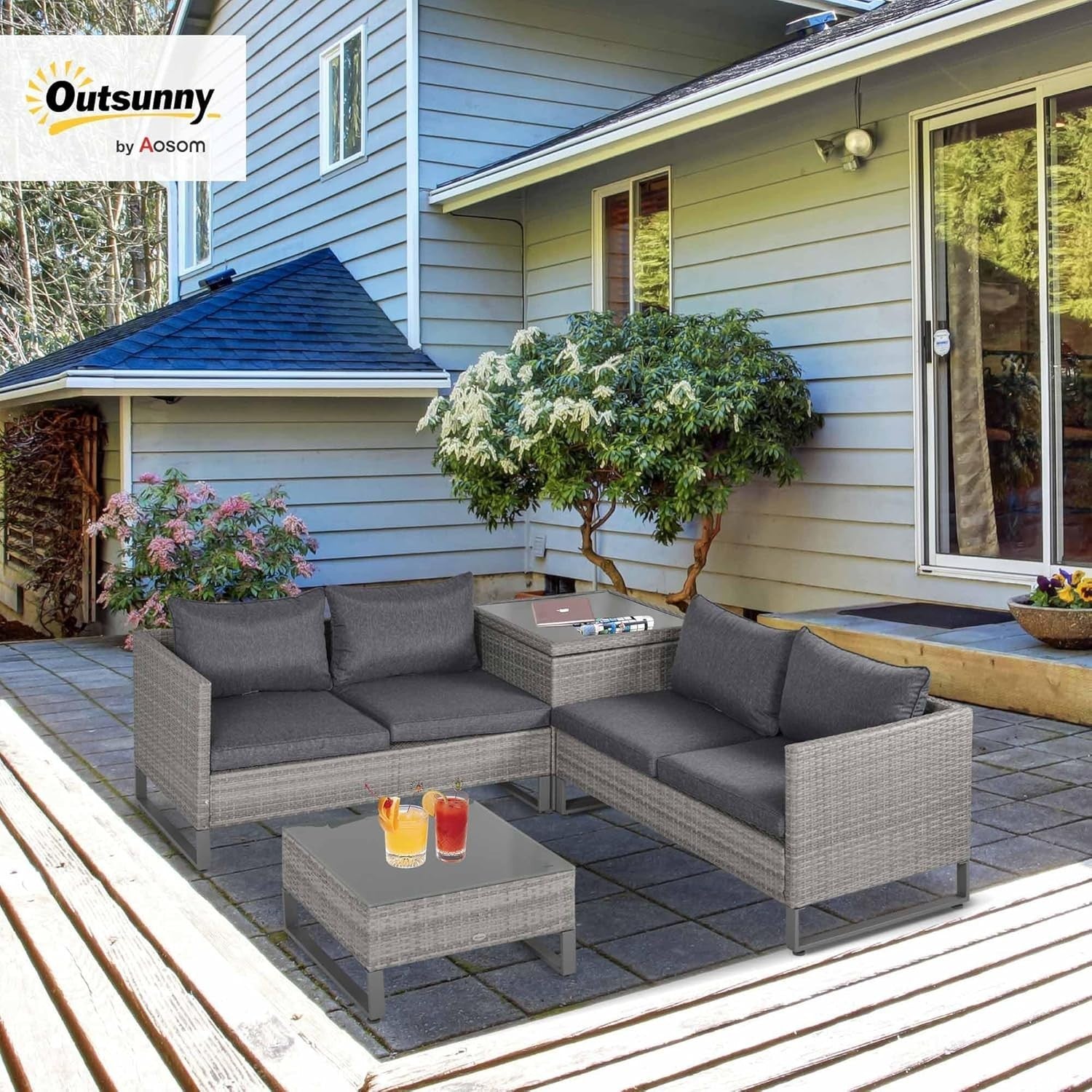 4-Piece Outdoor Rattan Sofa Set with Storage Table & Cushions Grey