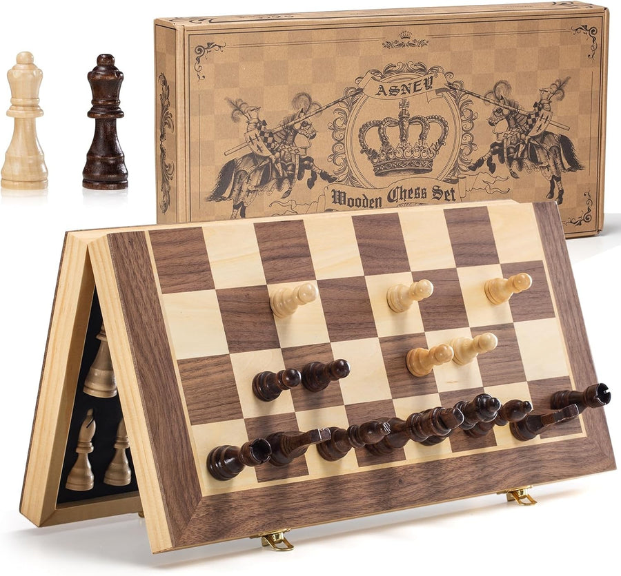 15" Magnetic Wooden Chess Set Folding Staunton Board with Storage & Bag
