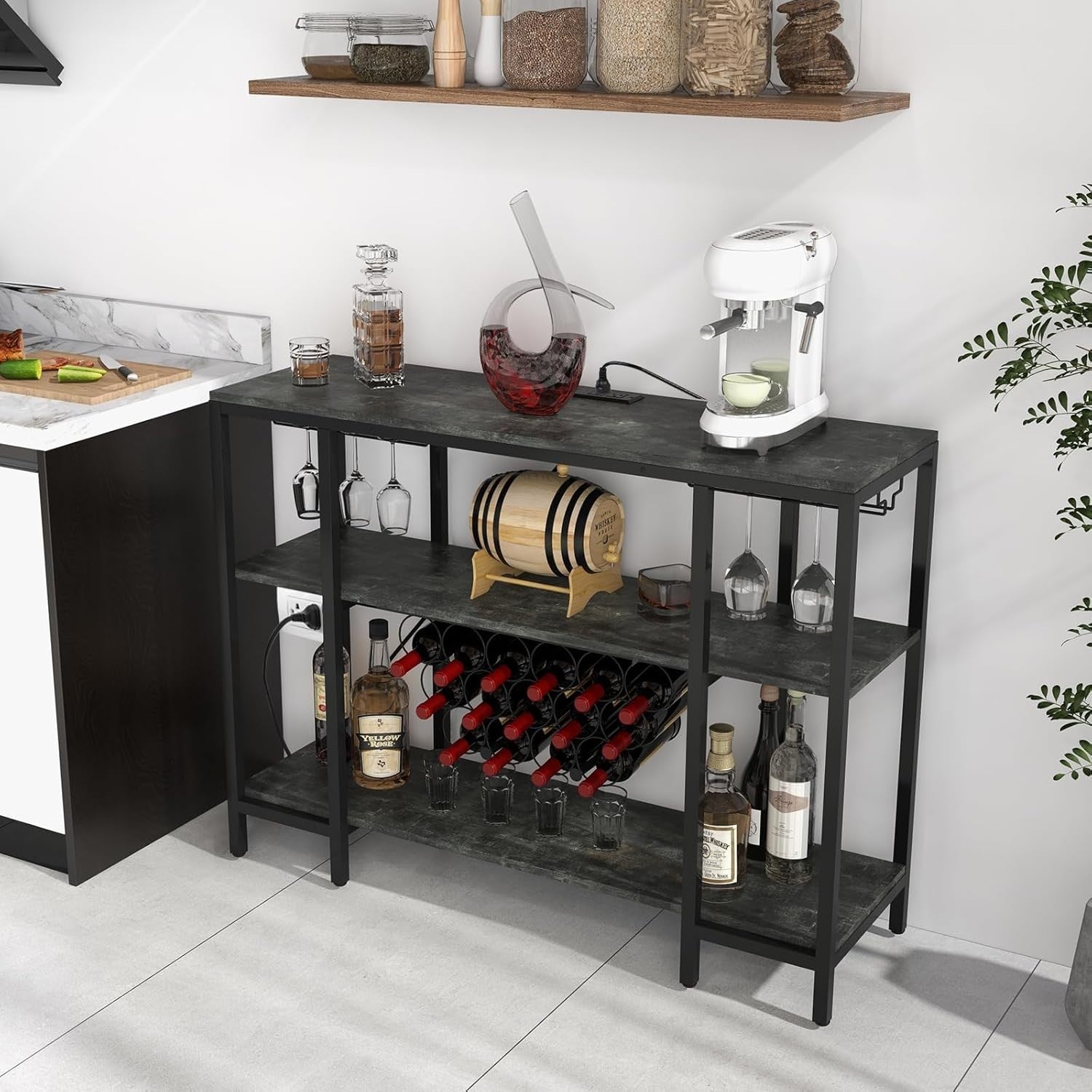 Wine Bar Cabinet with Tabletop, 15 Bottle Rack, Shelves & Charging Ports – Grey